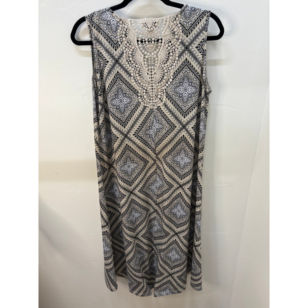 One World Sleeveless Geometric Print Crochet Back Midi Dress Large Black Tan